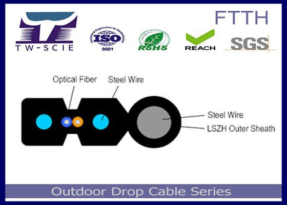 1-4 핵심 FTTH 드롭 케이블 FRP / 철강 강도 부재는 평평한 광케이블을 커버했습니다